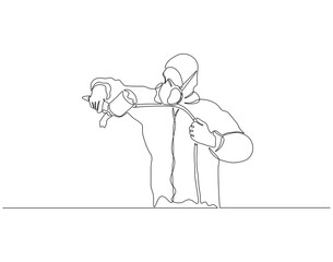 Fototapeta premium Continuous one line drawing of handyman using paint sprayer. One line drawing illustration of airbrush gun. Construction project, Home renovation concept vector design. Editable outline 