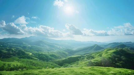 Naklejka premium A breathtaking landscape showcasing rolling green hills under a bright blue sky with fluffy clouds and radiant sunlight.