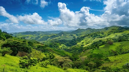 Naklejka premium Vibrant green landscape under a blue sky with fluffy clouds, showcasing the beauty of nature and serenity of the countryside.