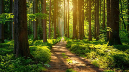 A serene forest path illuminated by sunlight, surrounded by tall trees and lush greenery, inviting a peaceful nature retreat.