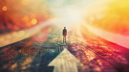 Close-up of a figure standing at the crossroads of two diverging paths, each leading to a different reality