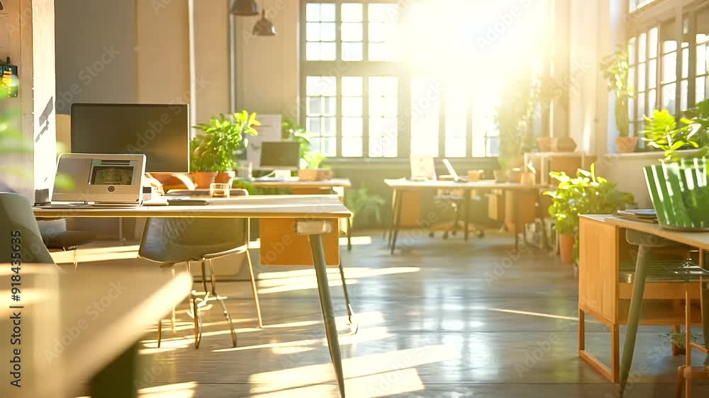 Poster softly focused view of an empty open space office, offering a tranquil setting conducive to focused 