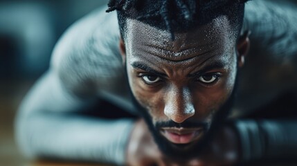 This image presents an individual intensely focused on their workout, laying on a floor and epitomizing concentration, strength, and the determination to achieve fitness goals.