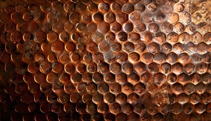 Close-up of a honeycomb structure showcasing intricate patterns and rich golden hues in natural lighting