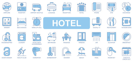Fototapeta premium Hotel icons set in duotone outline stroke design for web. Pack pictograms of airplane, passport, airport shuttle, luggage, reception, exchange, mini bar, bed, restaurant, other. Vector illustration.