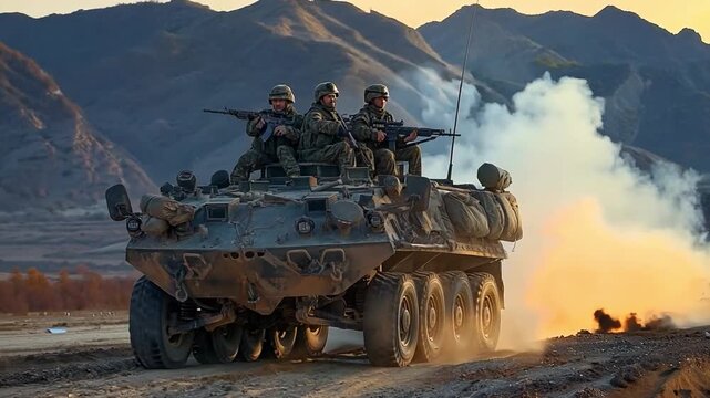 Machine gun-wielding soldiers aboard an armoured personnel carrier