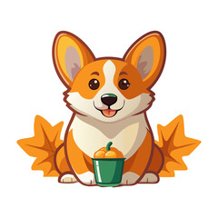 Cute corgi dog character with cup of pumpkin latte isolated on the transparent background