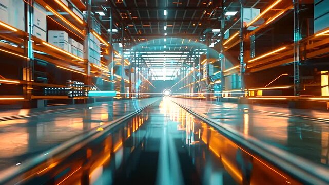 Futuristic logistics center featuring a holographic supply chain diagram
