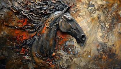 Black horse sculpture with flowing mane against a textured background