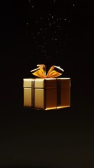 Hyperrealistic isolated 3D rendering of a levitating minimalistic golden gift box black background high detail high quality high texture detail