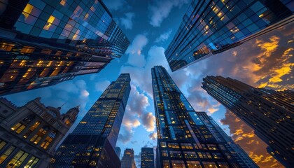Sunset view of towering skyscrapers in an urban skyline with blue and orange hues