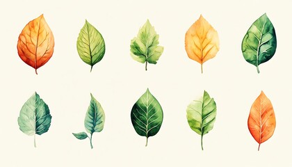 Obraz premium Watercolor illustration of leaves in different shades of green, yellow, and orange.