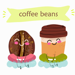Cheerful happy coffee bean characters with coffee cup, vector mascot icons. Funny cute coffee beans with with various activities, hand drawn vector illustration.