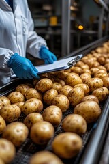 A food safety photograph showing an industrial facility with a worker in a white coat and blue gloves inspecting potatoes on a conveyor belt while holding a clipboard