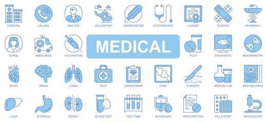 Medical icons set in duotone outline stroke design for web. Pack pictograms of hospital, doctor, helicopter, thermometer, stethoscope, license, pharmacy, nurse, ambulance, other. Vector illustration.