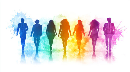 Diversity and inclusion in business employment and leadership. Features silhouettes of people.