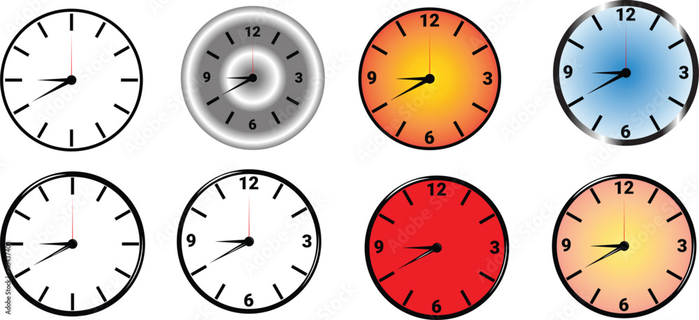 Poster 8 clocks set. clock icons logos set isolated on transparent white background