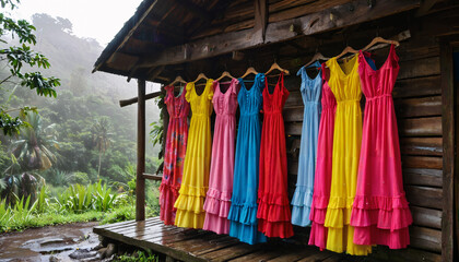 Robes color&eacute;es suspendues dans un paysage tropical