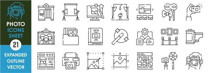 A set of line icons related to Photo. Photography, resize, photographer, folder, album, print, light, art gallery, museum, fantasy, and so on. Vector outline icons set.