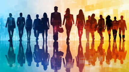 Diversity and inclusion in business employment and leadership. Features silhouettes of people.