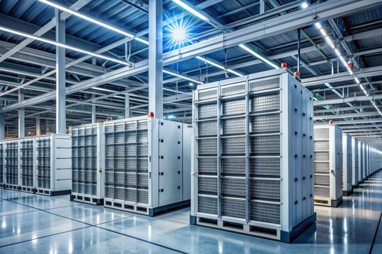 Racks of sleek, modern battery storage units align in a spacious, well-lit facility, highlighting efficient renewable energy storage solutions for a sustainable future.