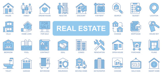 Real estate icons set in duotone outline stroke design for web. Pack pictograms of house, family, realtor, discount, rent, location, villa, home, loan, chance, mortgage, other. Vector illustration.