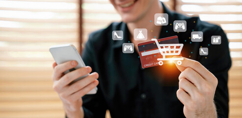 Customer open hologram graphic interface controlling device choosing online platform. Smart...