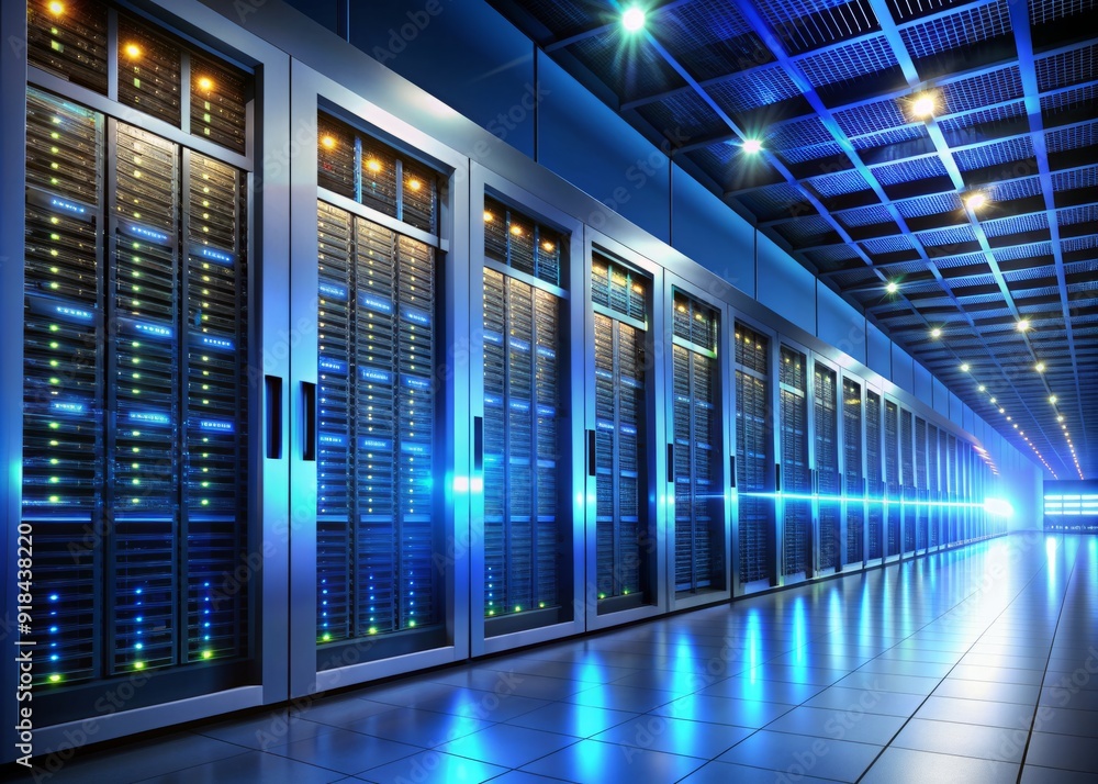 Aufkleber row of sleek servers lined up in a modern data center, blinking led lights and humming machinery, re