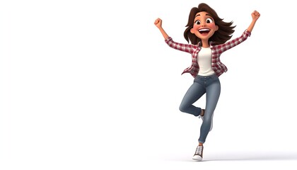 Excited cartoon woman jumping for joy with her arms raised.