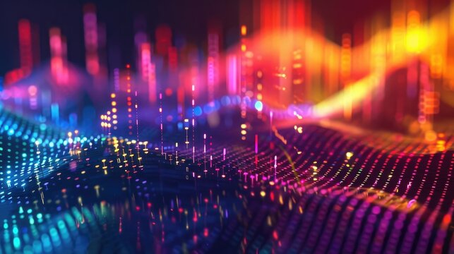 Abstract digital landscape with colorful lights and particles.