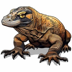 Obraz premium A Komodo dragon, a large lizard native to Indonesia, with a yellow and brown body, sharp claws, and a long tail, is depicted in this illustration.