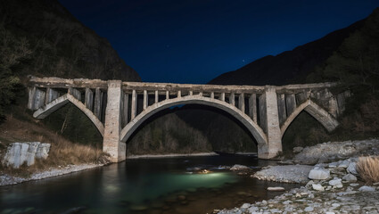 Old stone bridge arches gracefully above calm river under starlit sky. Beautiful landscape