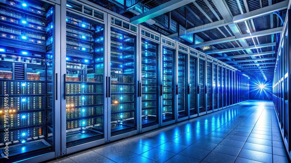 Poster rows of server racks and network equipment line the walls of a modern data center, with led lights a