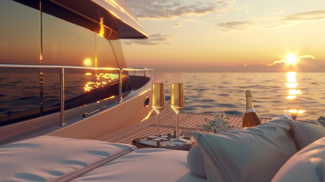 Luxurious private yacht deck at sunset  elegant seating, champagne on ice, calm ocean view