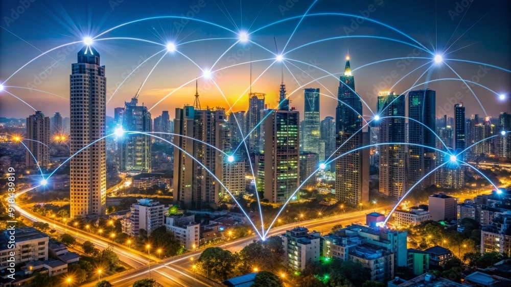 Poster illuminated nighttime cityscape of hanoi with glowing digital network connection lines weaving throu