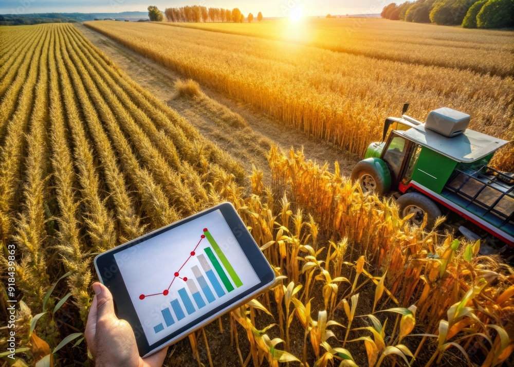 Poster aerial view of a corn field with a digital tablet lying on a harvesting machine, displaying crop per