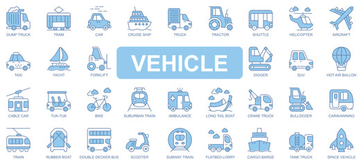 Fototapeta premium Vehicle icons set in duotone outline stroke design for web. Pack pictograms of dump truck, tram, car, cruise ship, tractor, shuttle, helicopter, taxi, yacht, ambulance, other. Vector illustration.