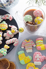 Christmas marshmallows. Winter candy. Sweet food in December. Cocoa drink cup