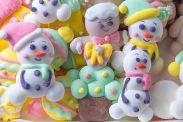 Christmas marshmallows. Winter candy. Sweet food in december. Snowman and Santa Claus