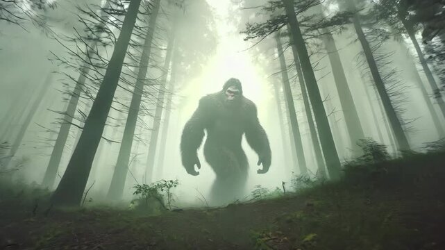 Bigfoot in the forest, hairy monster mysterious sasquatch silhouette in the fog
