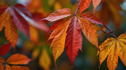 A bright fiery red and orange autumn leaves the background softly fading into warm autumn tones, emphasizing the intensity of the colors