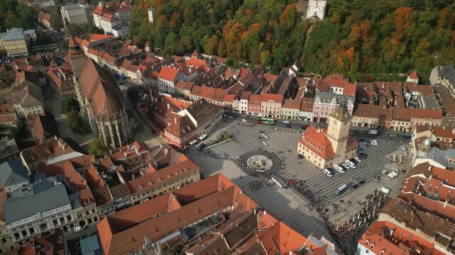 Aerial View of Historic Brasov Cityscape: The Black Church,  Gothic Architecture and Medieval Landmarks in Transylvania, Romania
