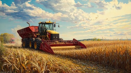 Obraz premium Harvesting machinery working in a corn field