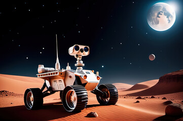 An all-terrain vehicle travels across an unknown planet.