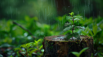 small tree growing on a tree stump with lush green plants surrounding it, raindrops gently falling
