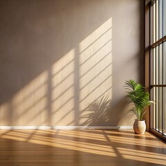 Light falling on the wall of a modern house with panoramic windows, light of the sun on the wall, shadows on the brown wall