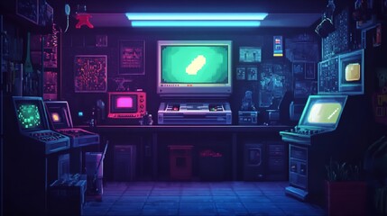 A Retro Pixel Art Background with Graphics and Retro