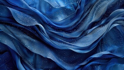 Flowing blue fabric with droplets on surface creating a textured appearance