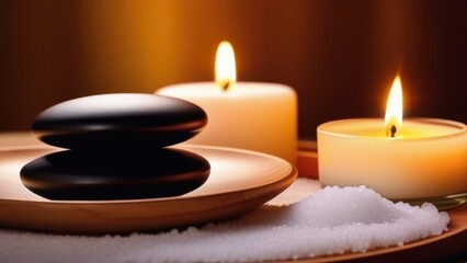 Spa accessories installed in a day spa hotel in Bali in the health and beauty center. Spa products - towels, candles, aromatic oils are placed in a luxury spa on a tropical island ready for massage,