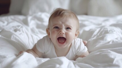 a month old baby lies on a white bed, cries
